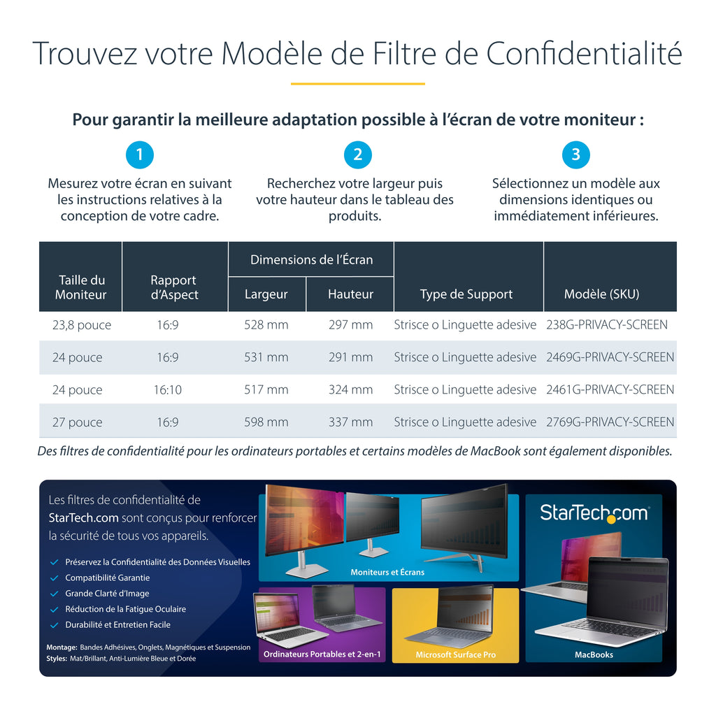 Filtre anti-indiscrétion 24" noir-or StarTech - Confidentialité garantie