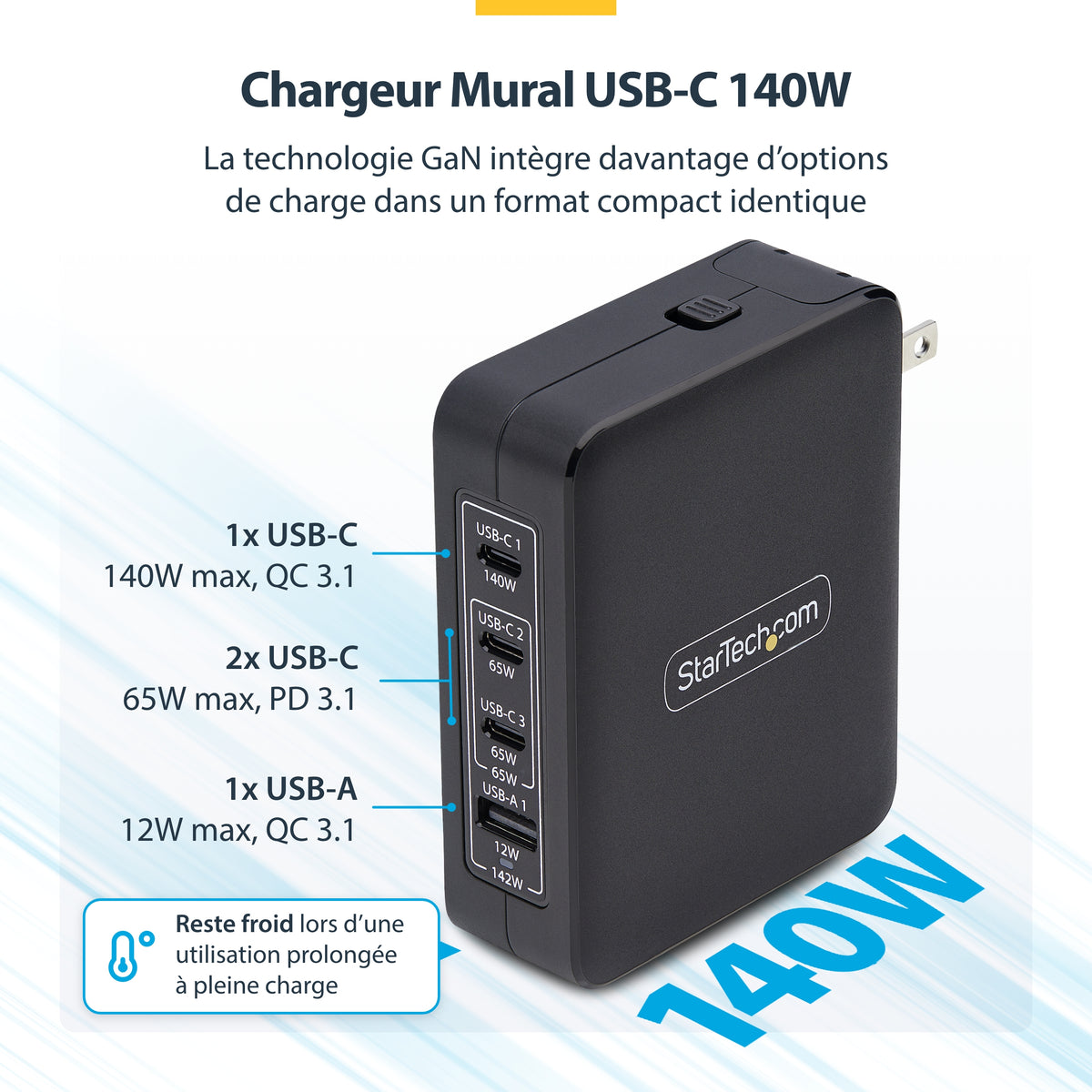 Adaptateur secteur 140W GaN STARTECH - 4 ports USB