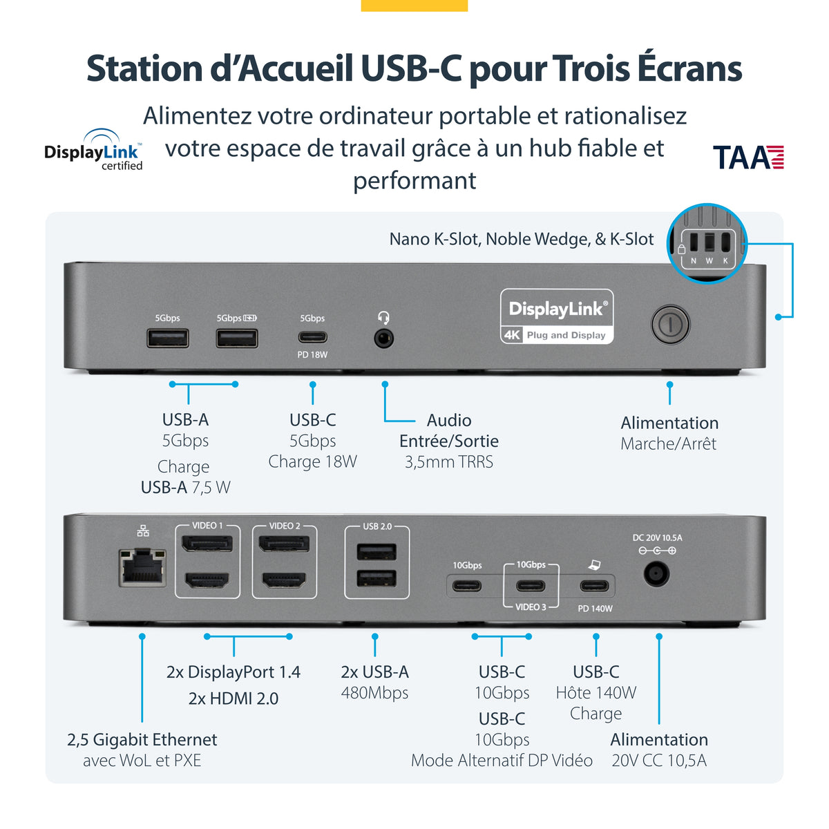 Station d'accueil USB-C 4 écrans 140W 2.5GbE TAA