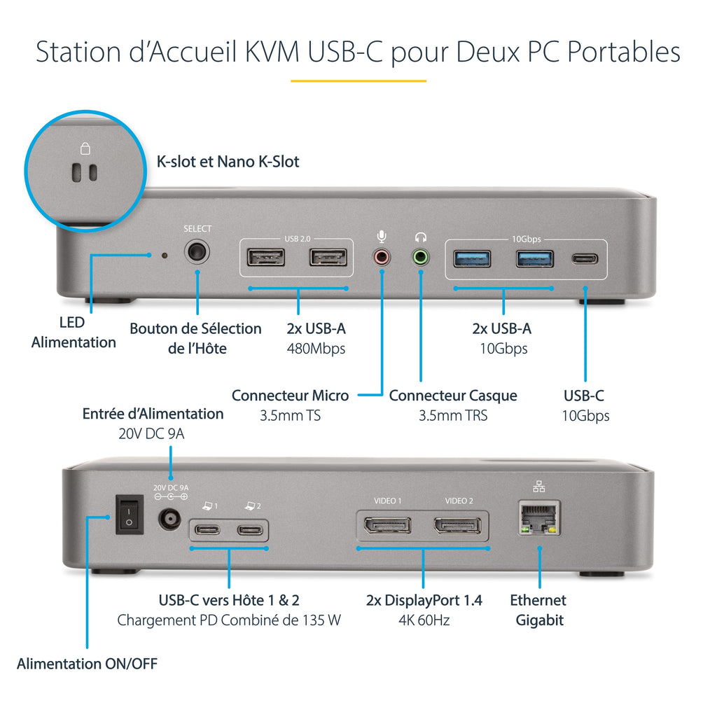 Station d'accueil Double DP 4K 60Hz - USB-C 3.2 Gen 2 - StarTech