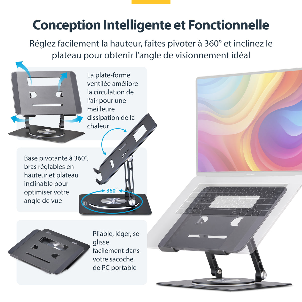 Support PC portable 360° argent StarTech - Bureau ergonomique