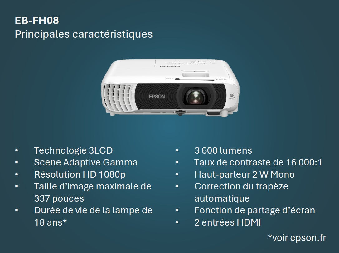 Projecteur Epson EB-FH08 Full HD 3600 lumens portable