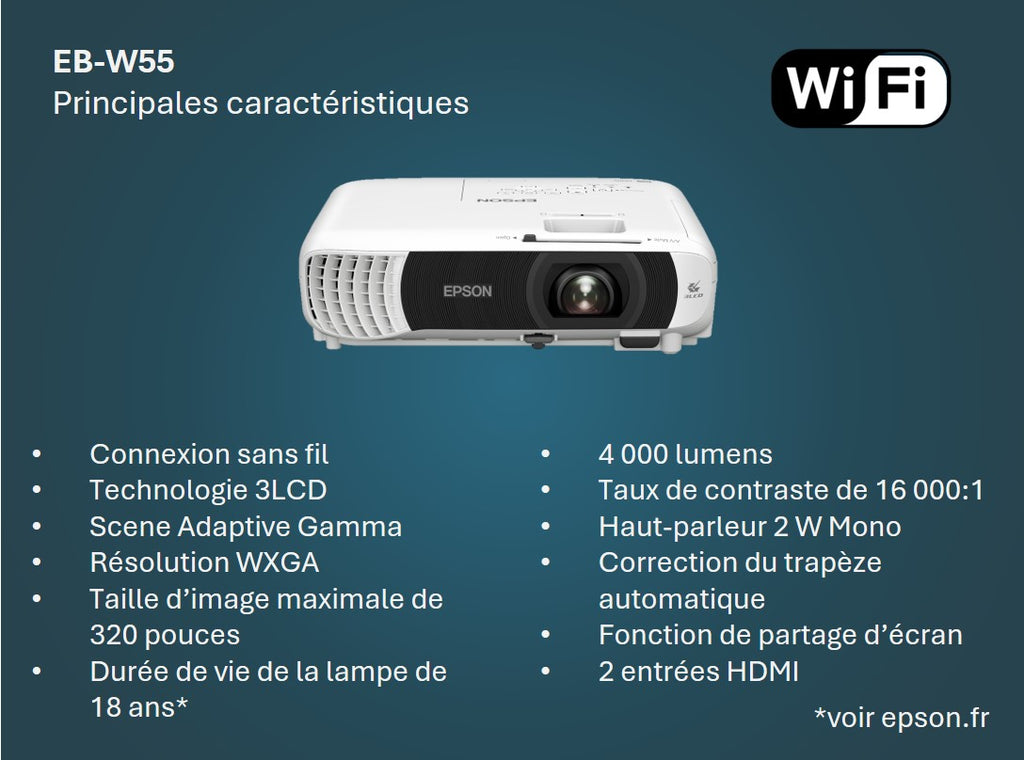 Projecteur Epson EB-W55 4000 lumens portable WXGA