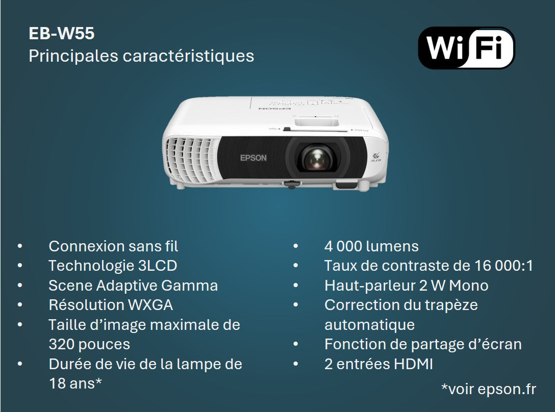 Projecteur Epson EB-W55 4000 lumens portable WXGA