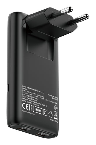 Adaptateur secteur GaN 65W Verbatim - Charge rapide 2 ports USB-C