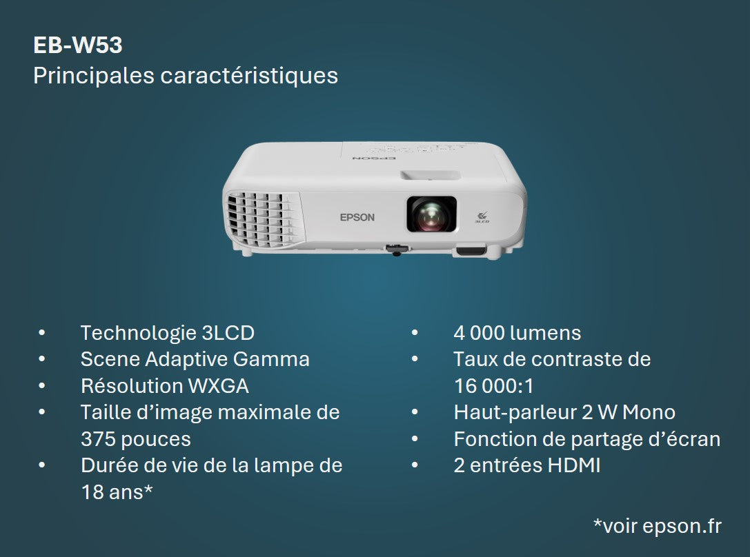 Projecteur Epson EB-W53 4000 lumens WXGA portable