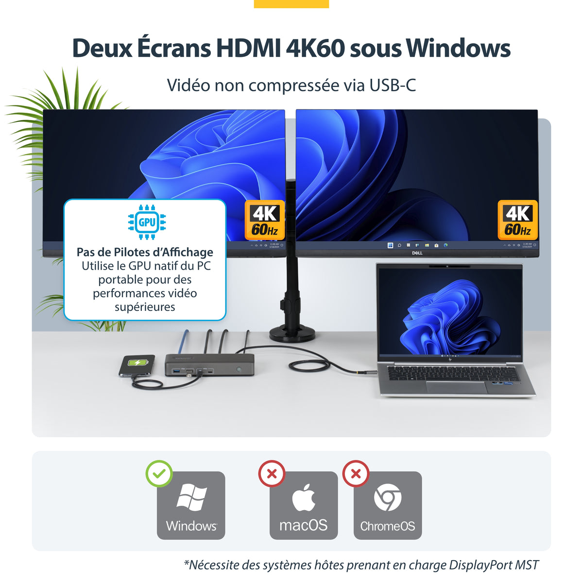 Station d'accueil USB-C 3.2 Gen 2 - 2x HDMI 4K - 1GbE - StarTech